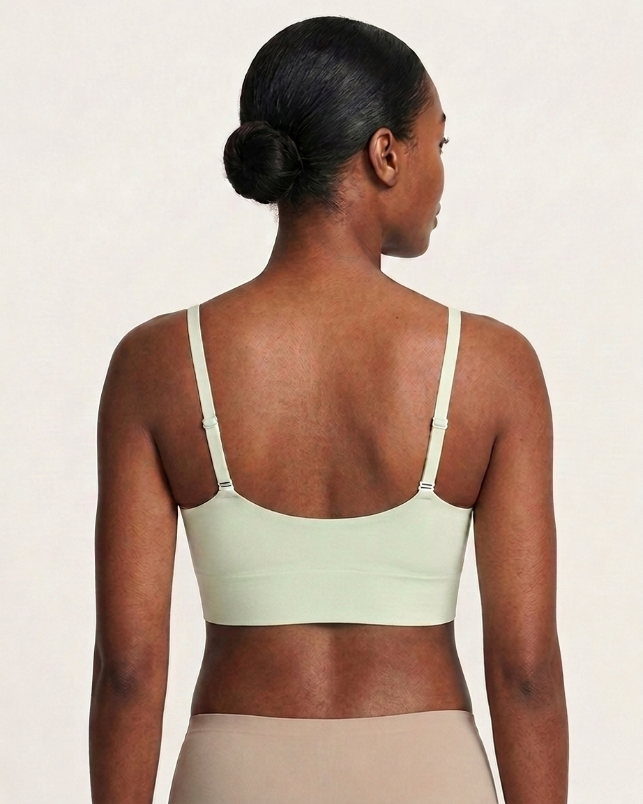 Light Matcha Gel Bra: No Back Closure by Rhonda Shear — back view, gel support bra with removable pads
