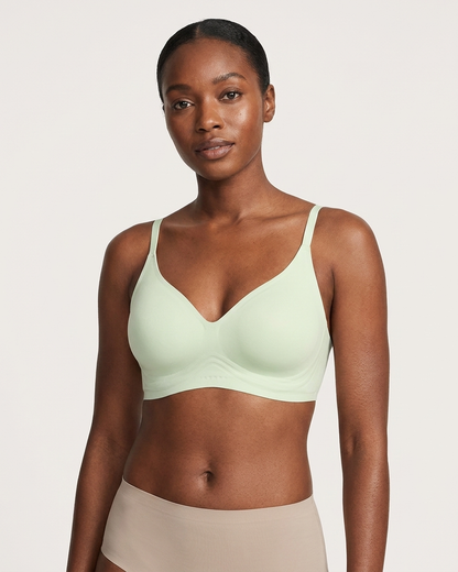 Light Matcha Gel Bra: No Back Closure by Rhonda Shear — front view, gel support bra with removable pads