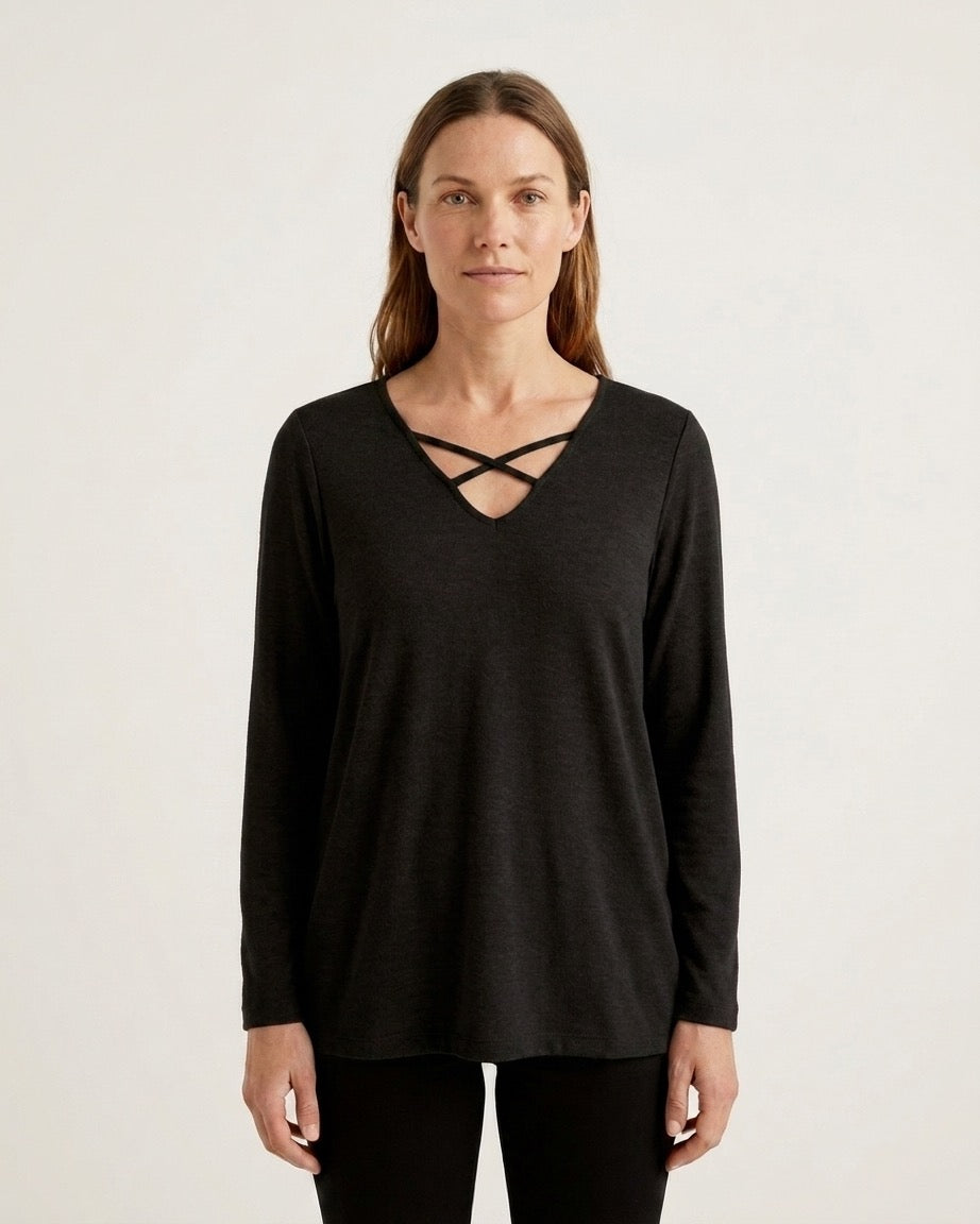Criss-Cross V-Neck Brushed Knit Long Sleeve Top - Final Sale