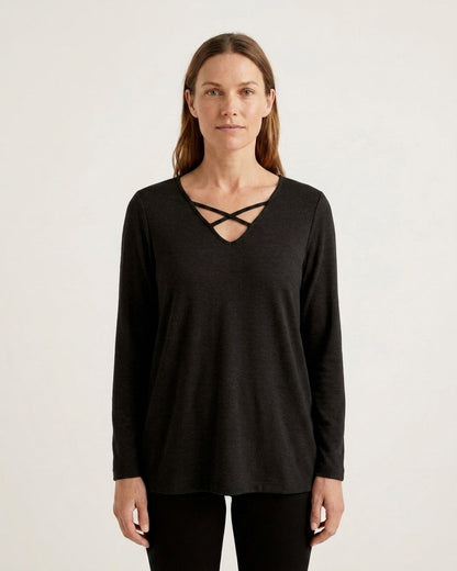 Criss-Cross V-Neck Brushed Knit Long Sleeve Top - Final Sale