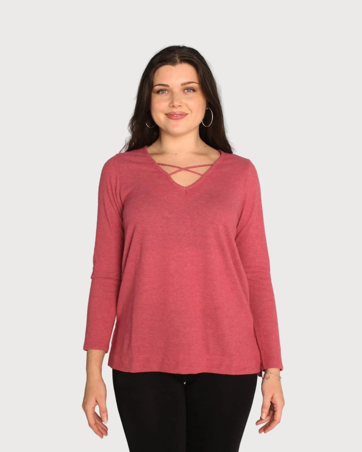 Criss-Cross V-Neck Brushed Knit Long Sleeve Top - Final Sale